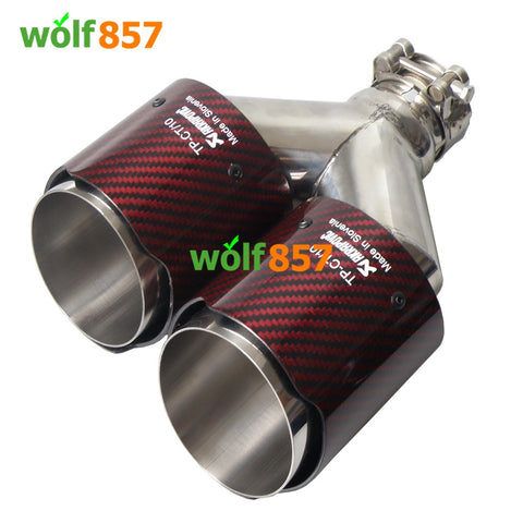 Universal AK Style Dual Y-shaped Red Carbon Fiber Chrome SUS304 Exhaust Tips Universal AK Style Dual Y-shaped Red Carbon Fiber Chrome SUS304 Exhaust Tips
